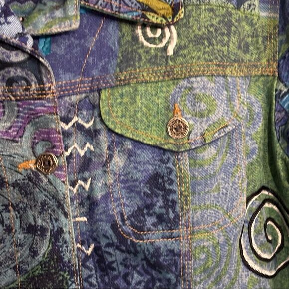 Chico’s | Women’s Mixed Artisan Blue Green Denim Jacket Coat - Picture 9 of 16